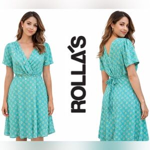 Rolla’s Teal Floral Wrap Dress Whimsical MIDI Size 12 Large Gypsy Resort vacay